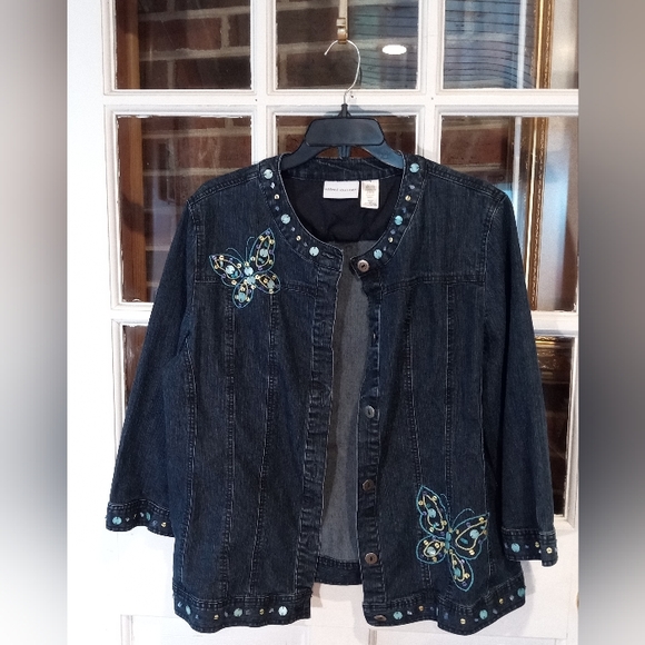 Alfred Dunner Blue Jean Jacket with 3/4 sleeve size 16 embroidered butterflies - Picture 2 of 11